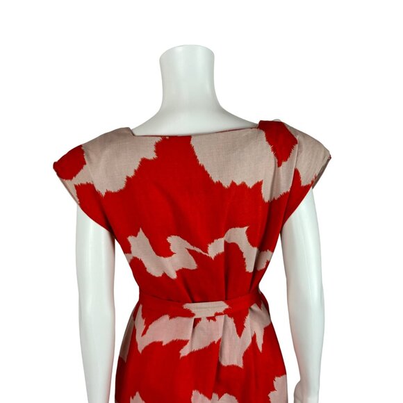 Vintage 80s Sheath Dress Women's Medium Red White Artistic Faux Linen - Picture 11 of 11